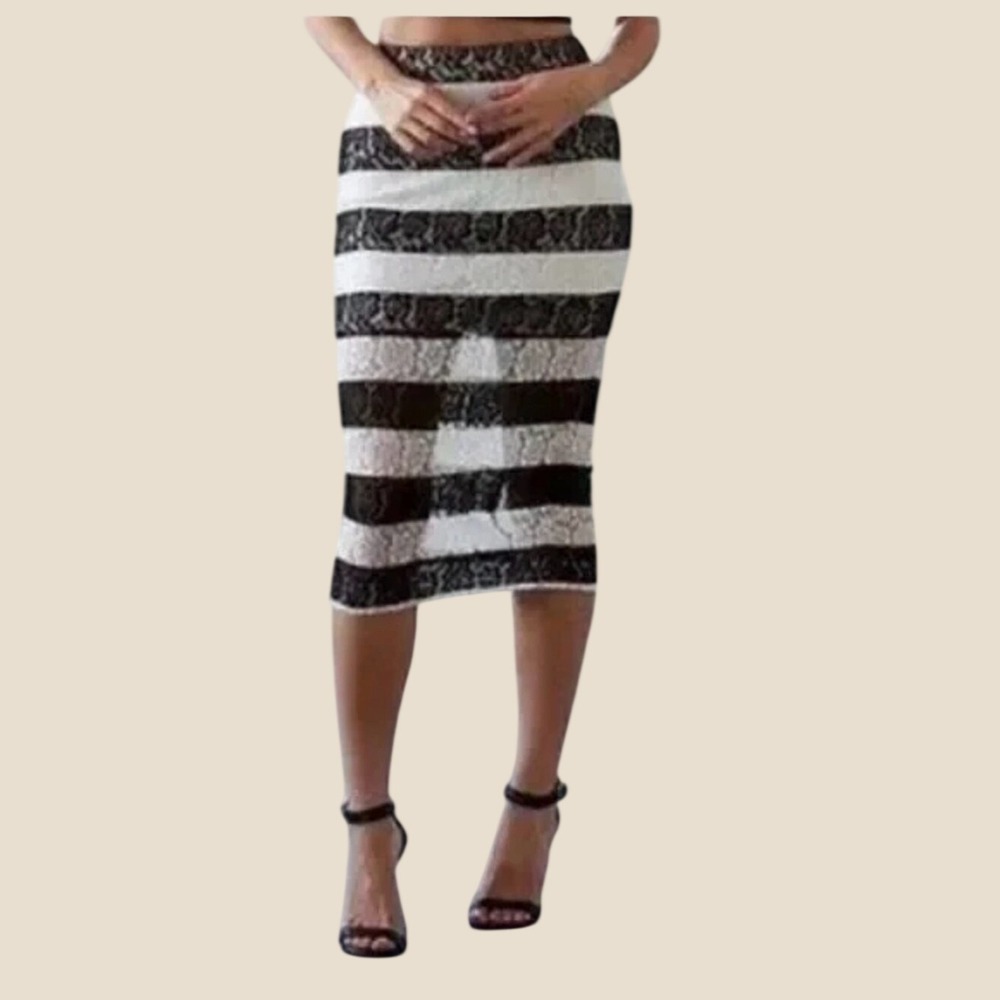 Express Black and White Lace Striped Pencil Skirt - Picture 1 of 10